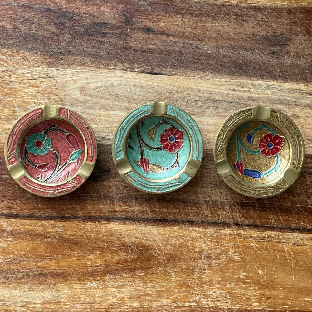 3 Vintage Enamel Brass Ashtrays